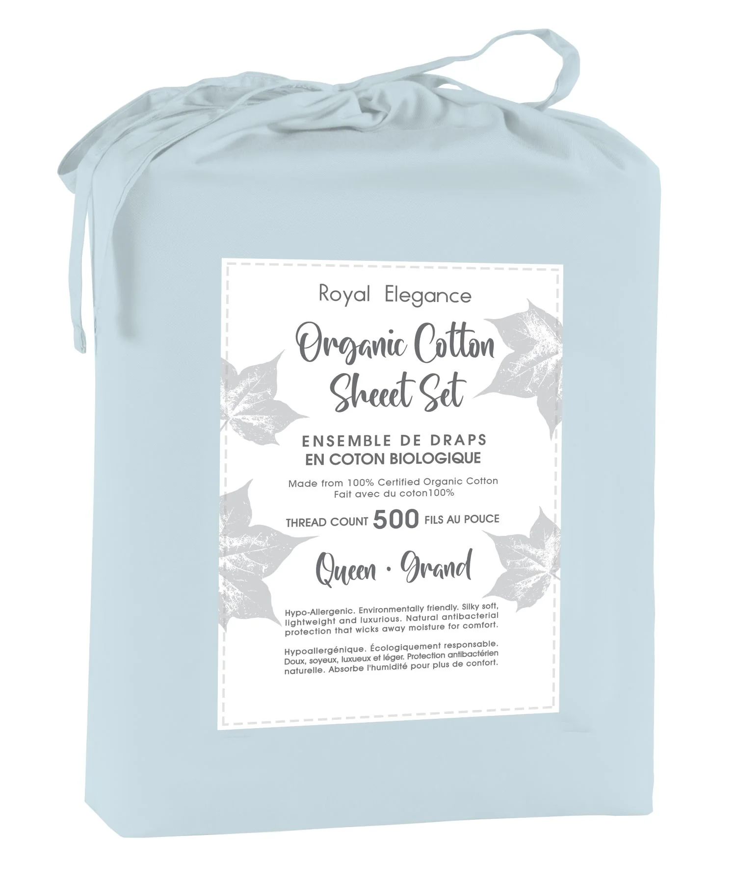 Cotton House 100% Organic Cotton Queen Sheet Set - 500 Thread Count Light Blue