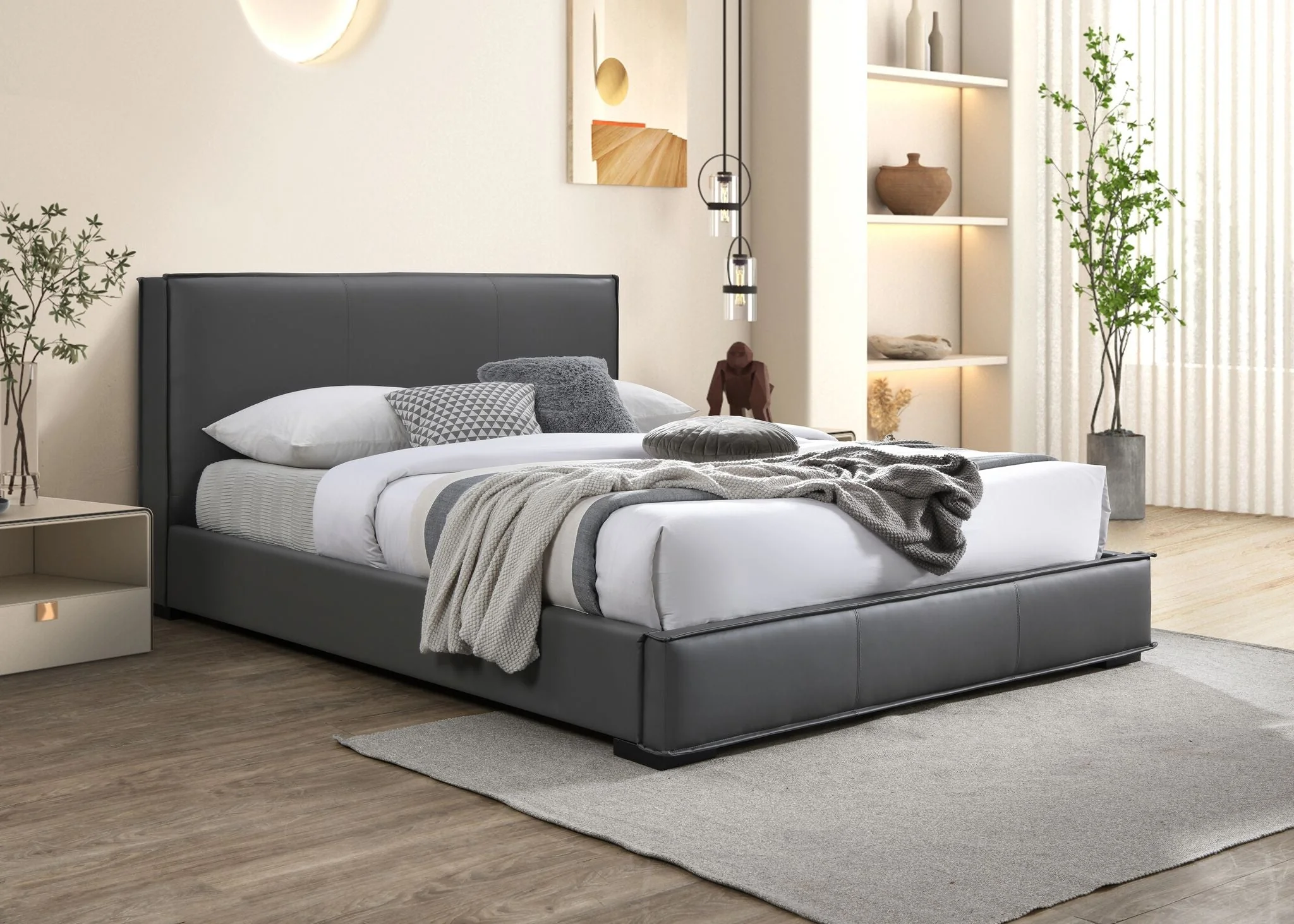 Lansing 3-Piece Queen Upholstered Platform Bed - Grey - Image 2