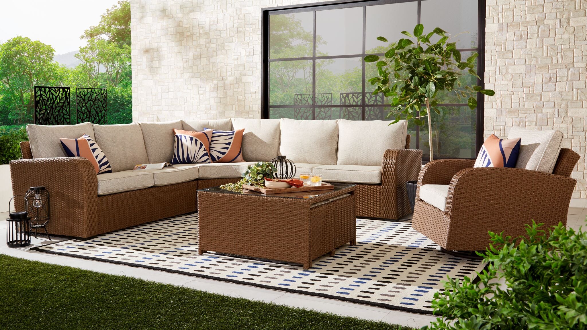 Melville Outdoor Coffee Table with 2 Ottomans - Brown, Beige - Image 6