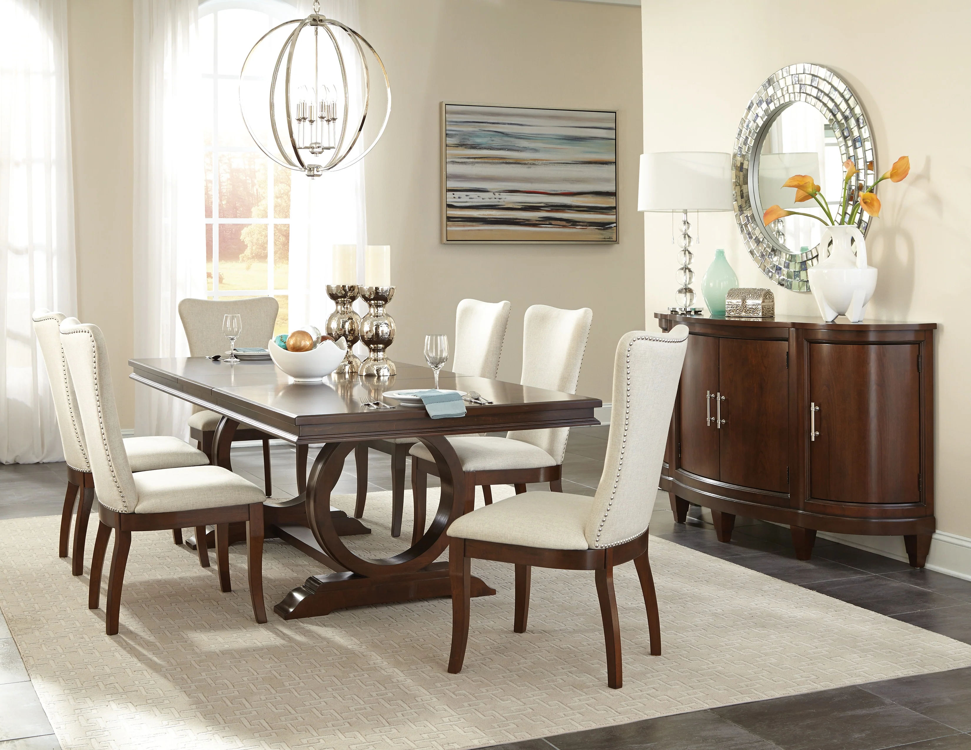 Rosario 7-Piece Extendable Dining Set - Cherry and Beige - Image 2