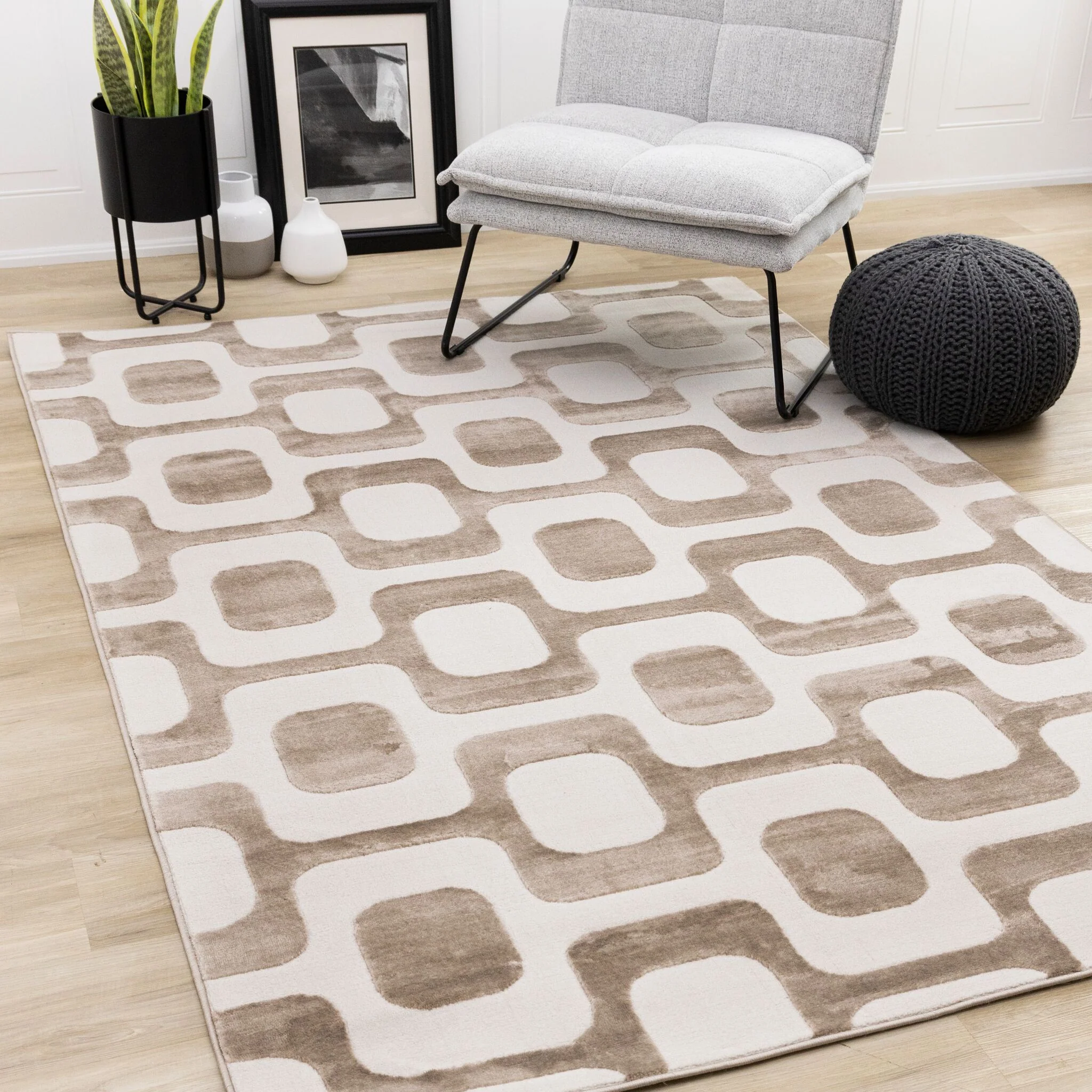 Vintage Vibes 6'7" x 9'6" Mid-Century Modern Area Rug - Brown, Cream - Image 2